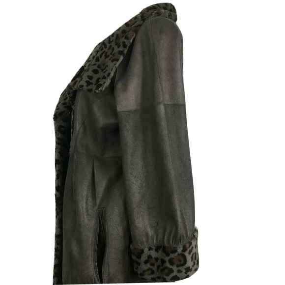 Grandi‎ Coat Womens Sz M Italy Gray Leather Leopard Faux Fur Reversible Trench - Picture 8 of 11